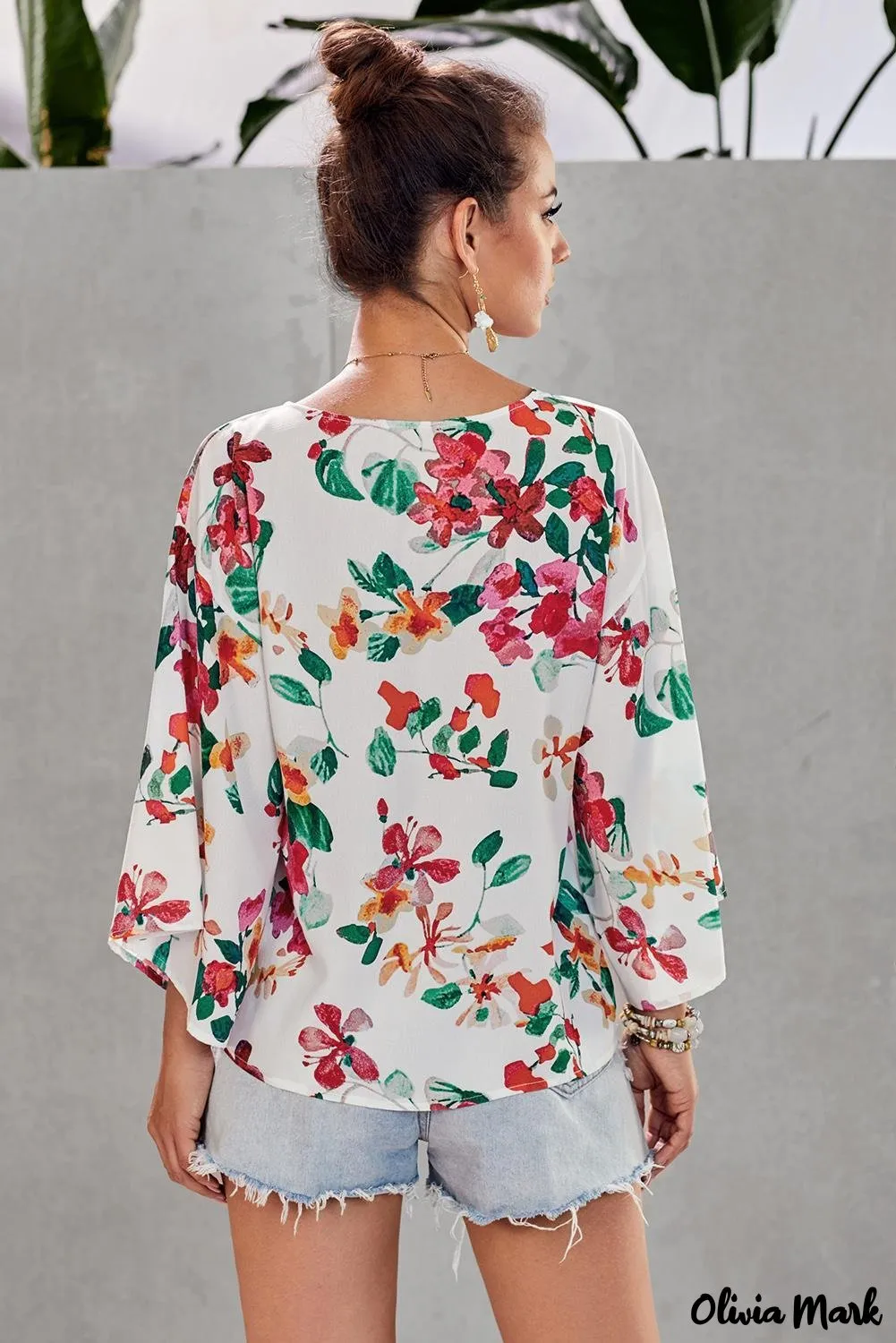 Deanwangkt - Multicolor Floral Print Deep V-Neck Tie Front Blouse