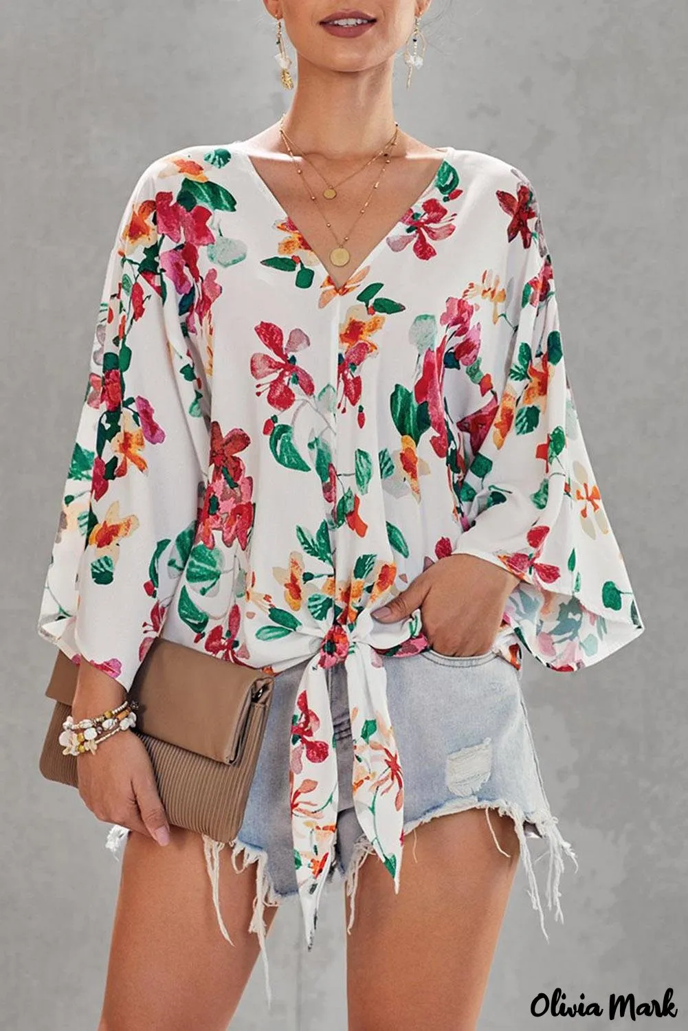 Deanwangkt - Multicolor Floral Print Deep V-Neck Tie Front Blouse