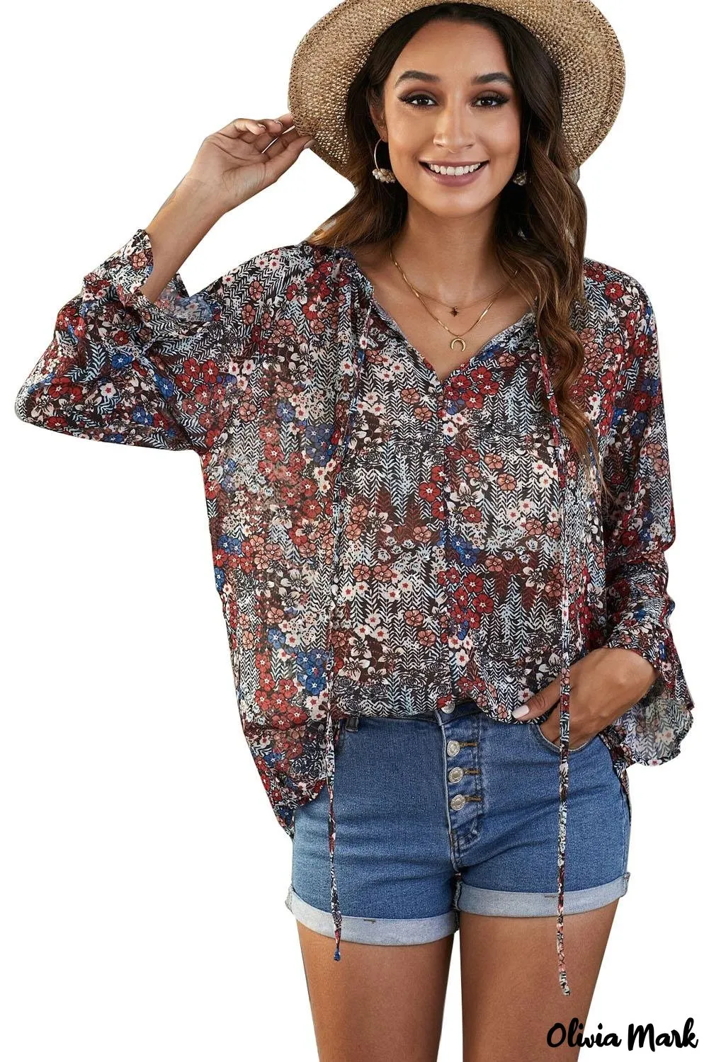 Deanwangkt - Multicolor Floral Print Drawstring Long Sleeve Blouse