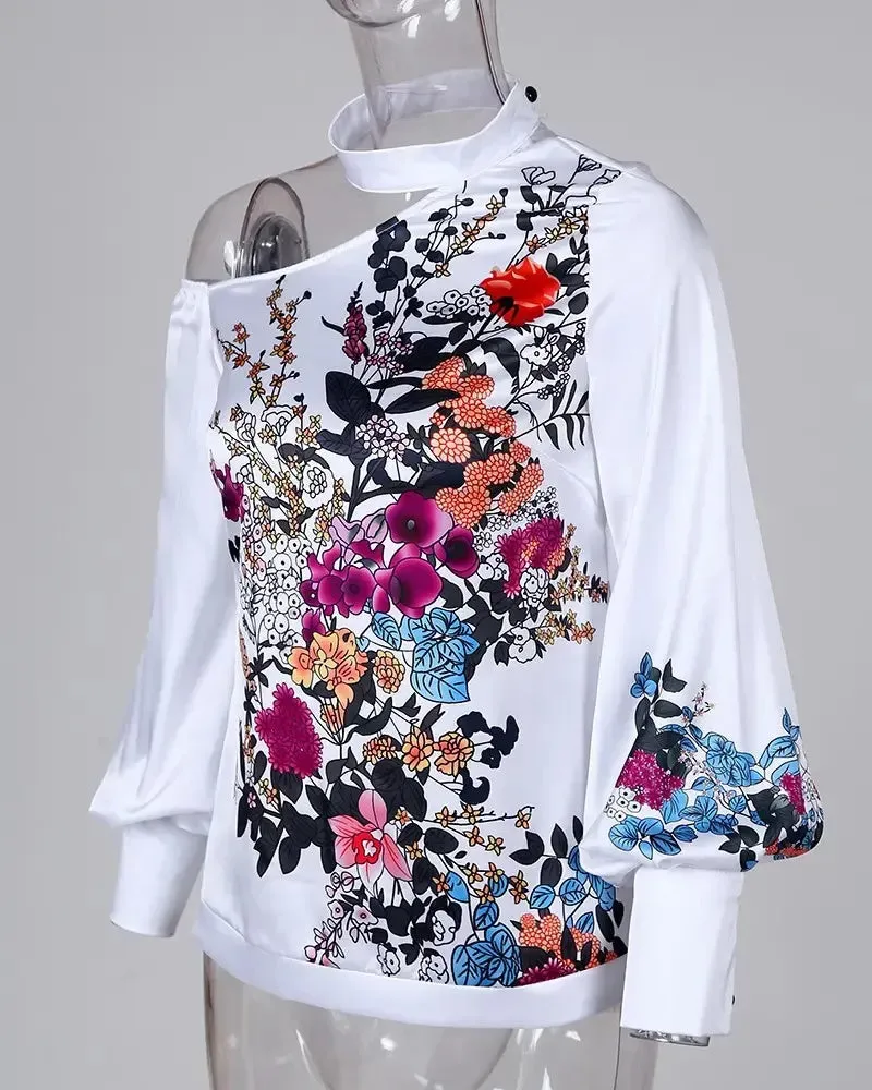 Deanwangkt - One Shoulder Floral Print Lantern Sleeve Top