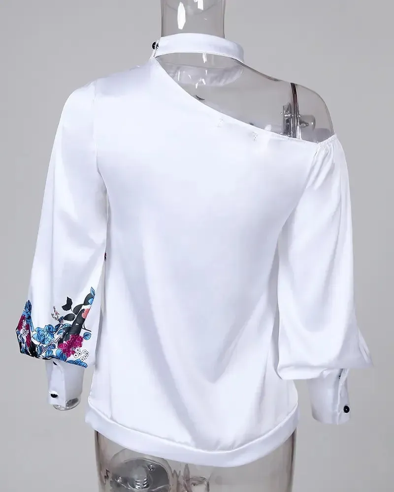 Deanwangkt - One Shoulder Floral Print Lantern Sleeve Top