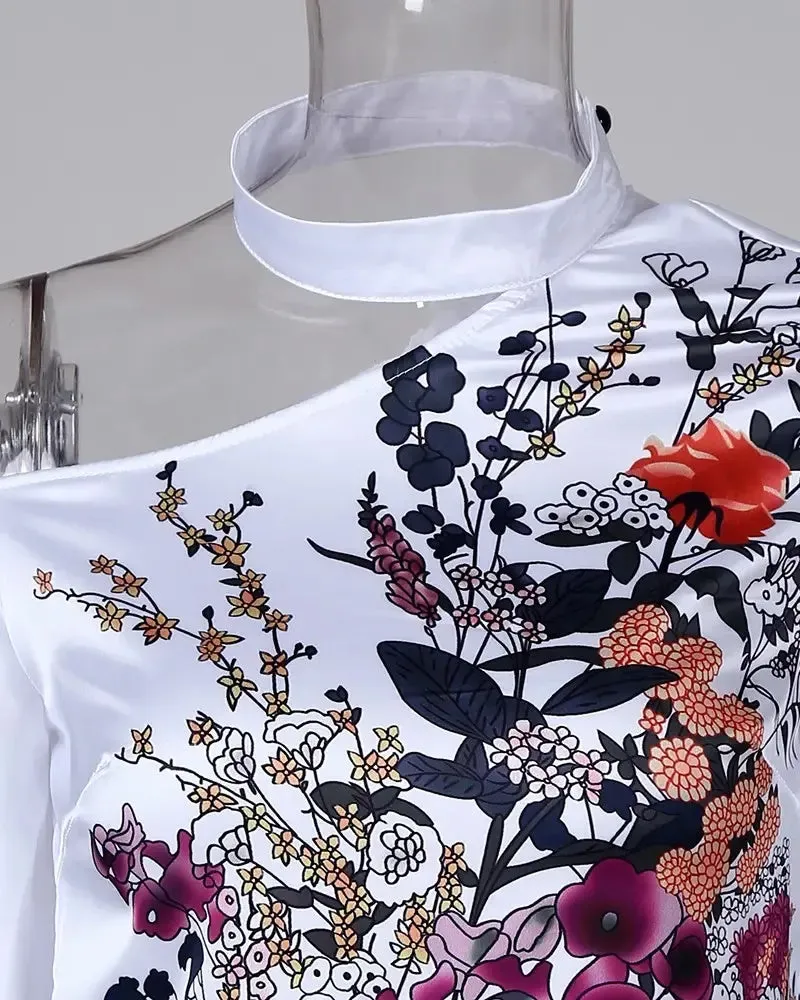 Deanwangkt - One Shoulder Floral Print Lantern Sleeve Top