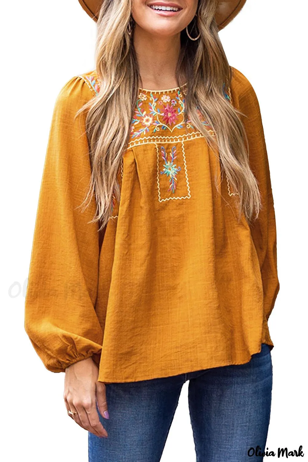 Deanwangkt - Orange blouse with embroidered flowers and puff sleeves