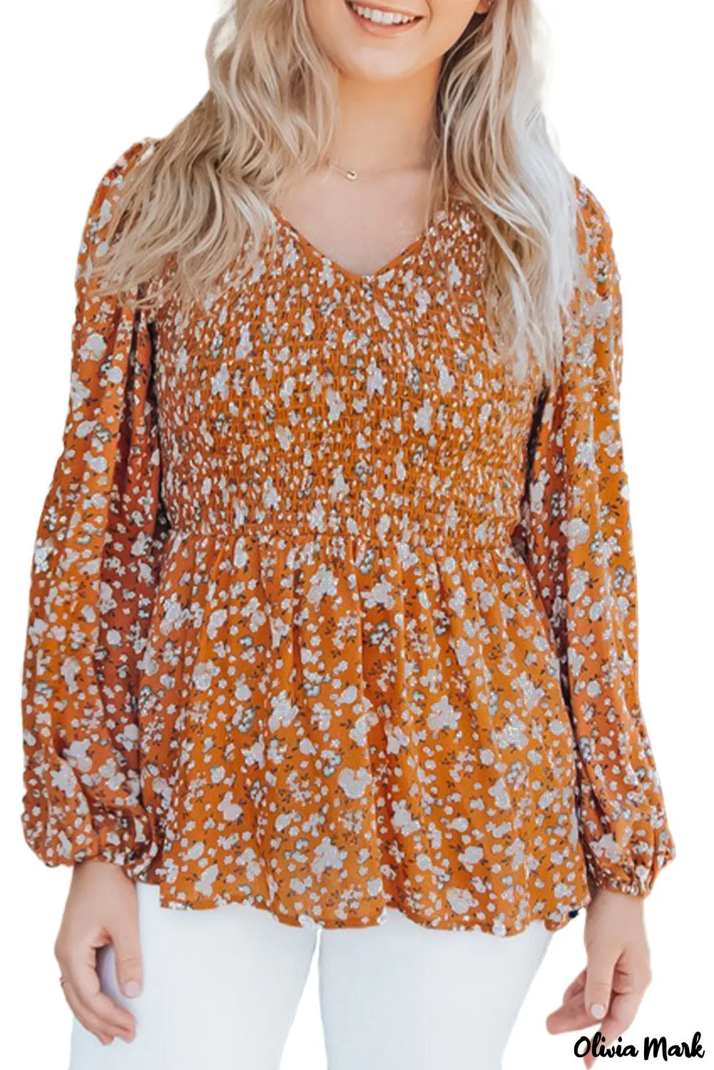 Deanwangkt - Orange Floral Print Ruched Long Sleeve V-Neck Blouse