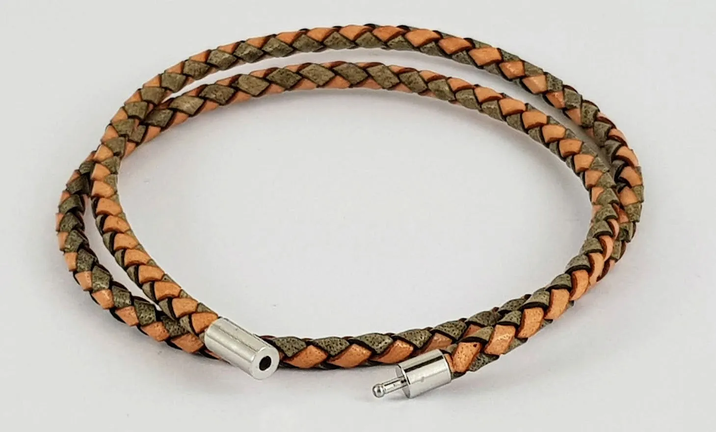 Double rap Leather Bracelet, Braided Grey & Tan 4 mm