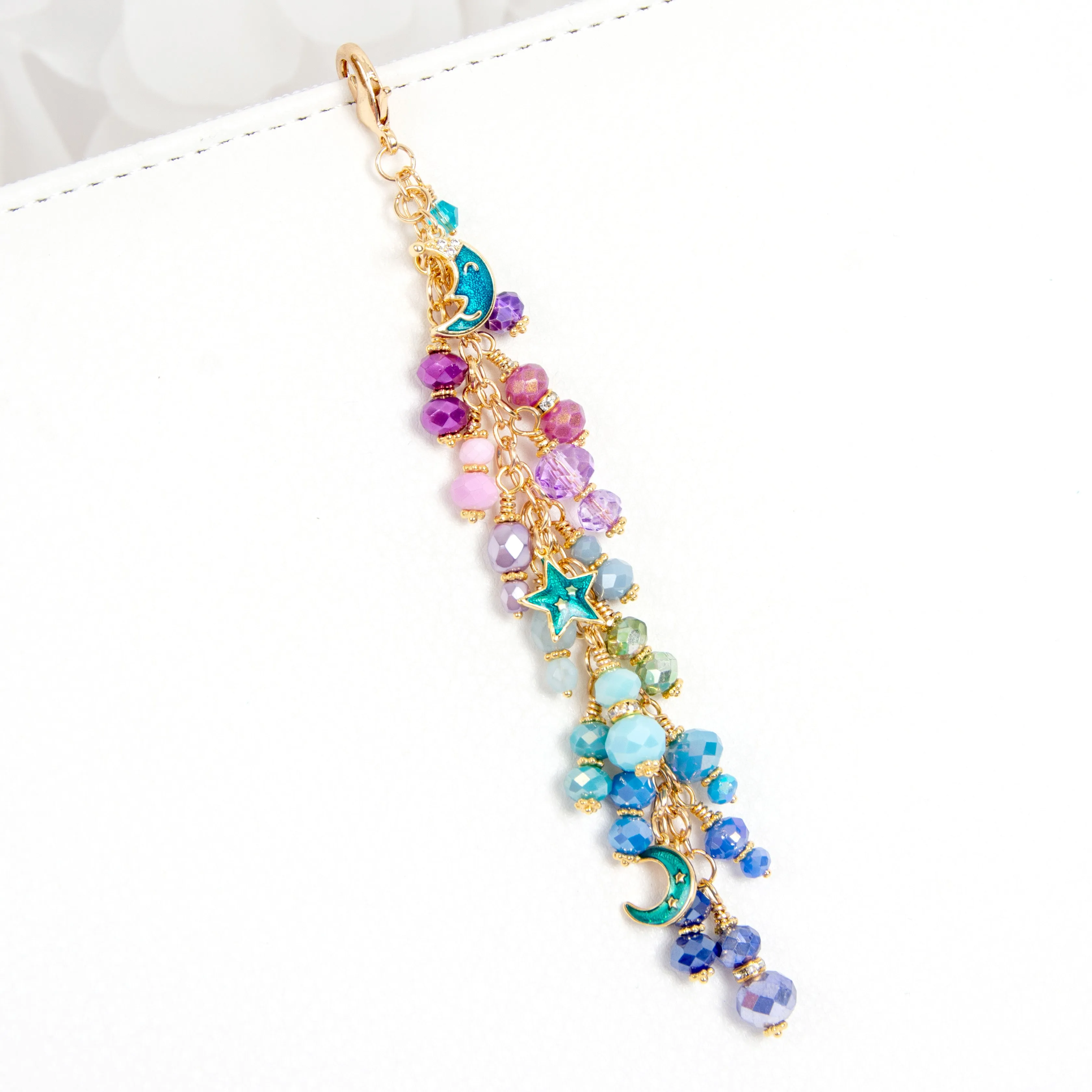 Galaxy Charm with Enamel Moon and Star Charms in Gold with Purple, Aqua and Blue Ombre Dangle