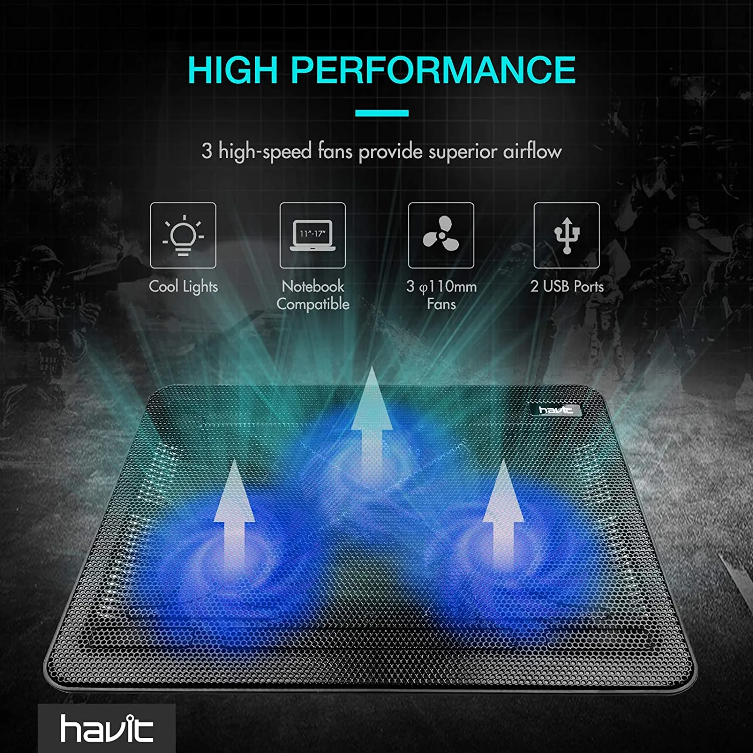 HAVIT HV-F2056 15.6"-17" Laptop Cooler Cooling Pad - Portable USB Powered (3 Fans)