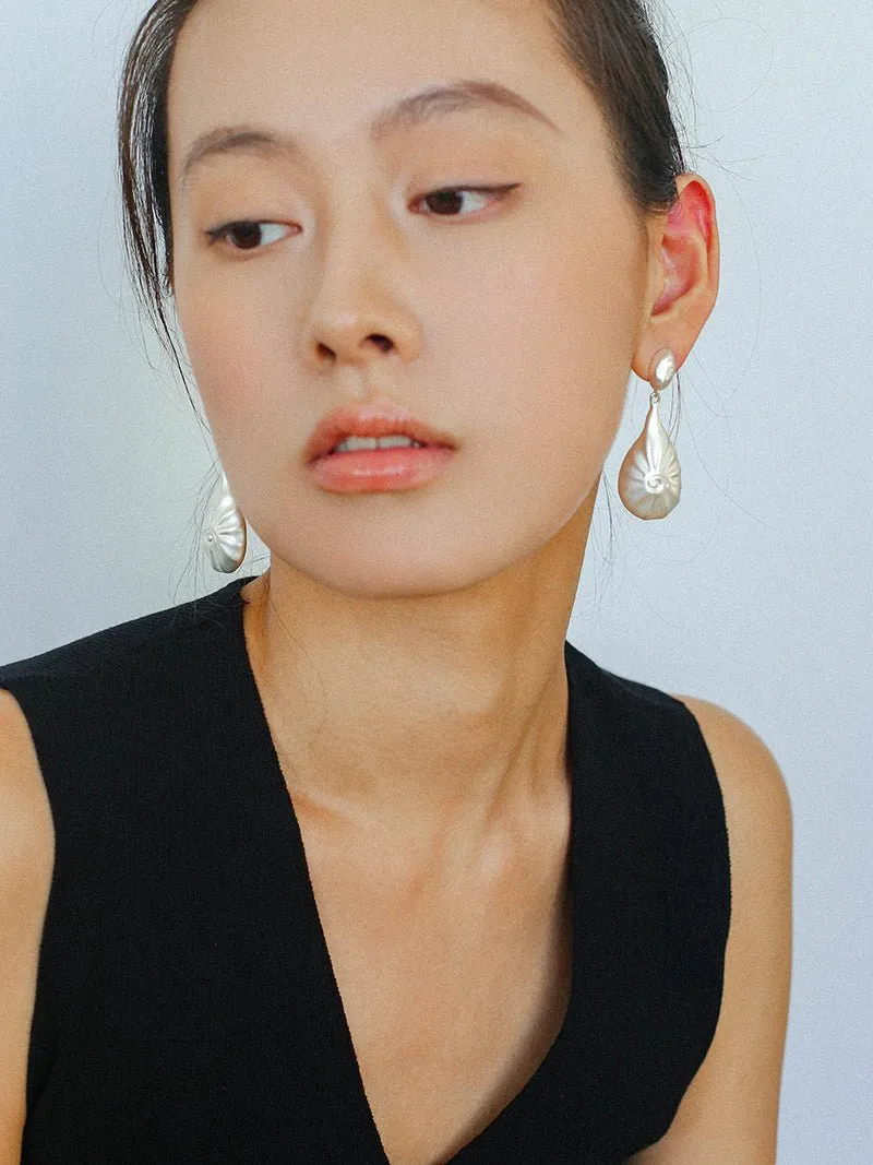 Matte Silver Conch Statement Drop Earrings