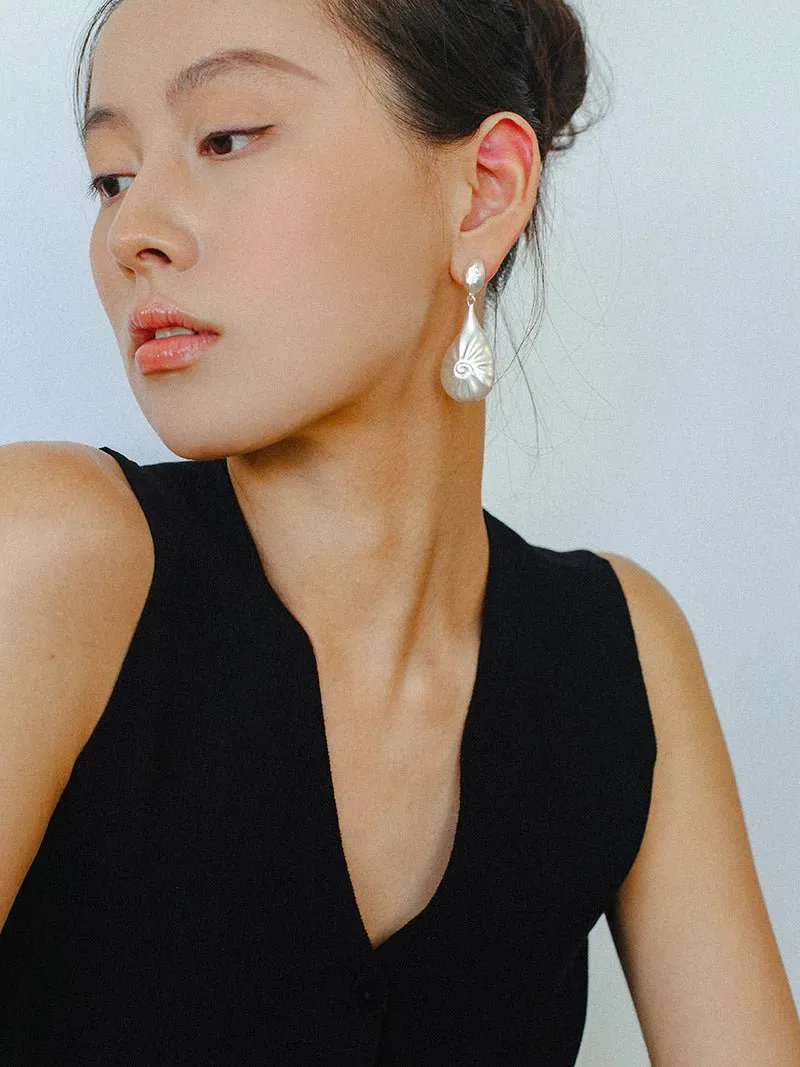 Matte Silver Conch Statement Drop Earrings