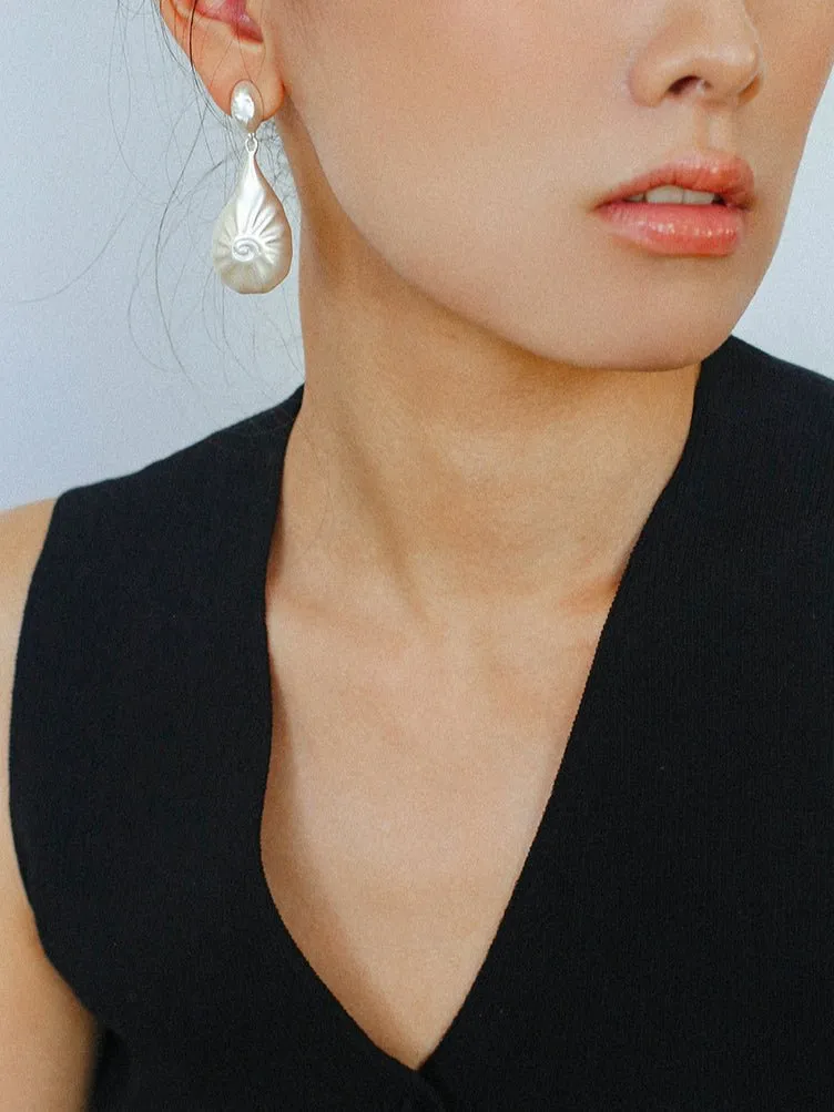 Matte Silver Conch Statement Drop Earrings