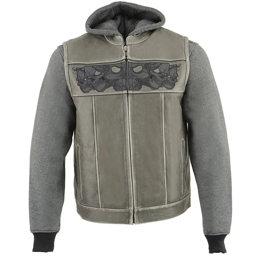 Men’s Distressed Grey Leather Vest with Reflective Skulls & Full Hoodie Liner