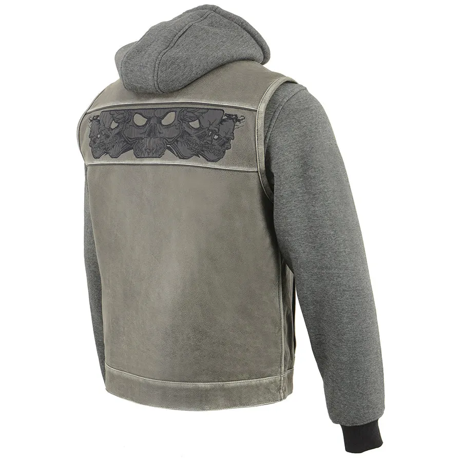 Men’s Distressed Grey Leather Vest with Reflective Skulls & Full Hoodie Liner