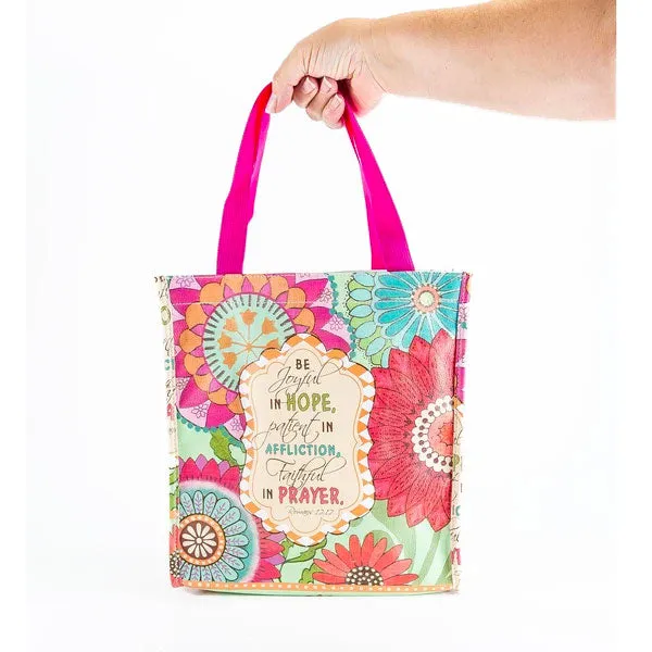 Pink Floral Print Bible Study Tote Bag - Romans 12:12 "Be Joyful In Hope"