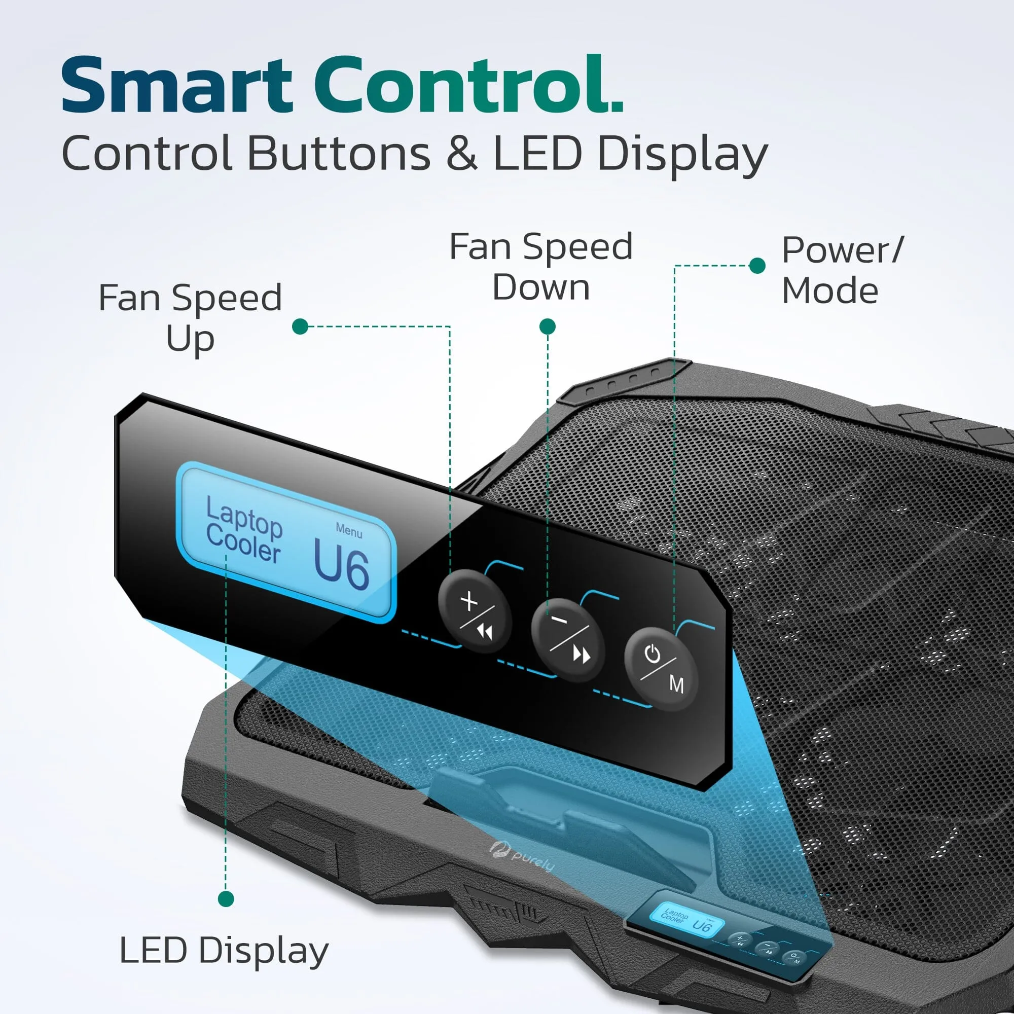 Purely Laptop Cooling Pad, 6 Adjustable Height Laptop Stand, 4 Fans: 3 Fan Modes   6 Speeds, LED Display, 2 USB Ports