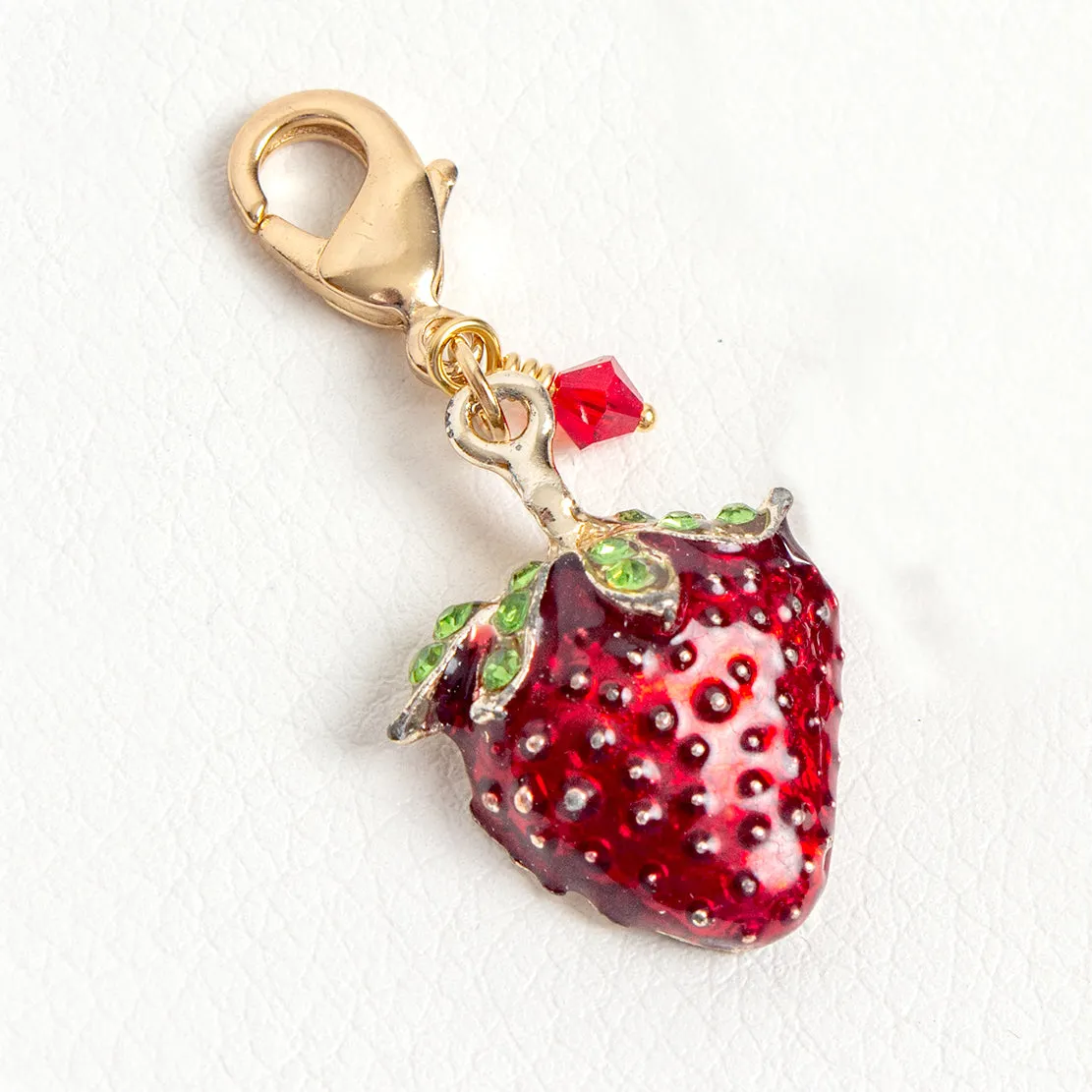 Red Enamel Strawberry Charm with Rhinestone Accents and Austrian Crystal