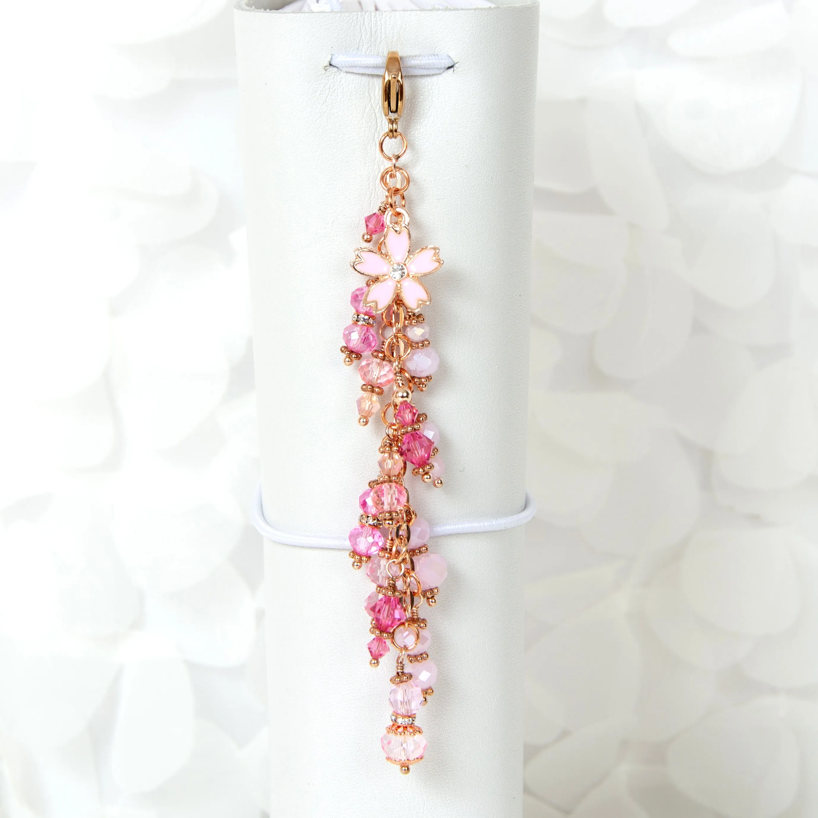 Rose Gold Blossom Planner Charm with Pink Crystal Dangle