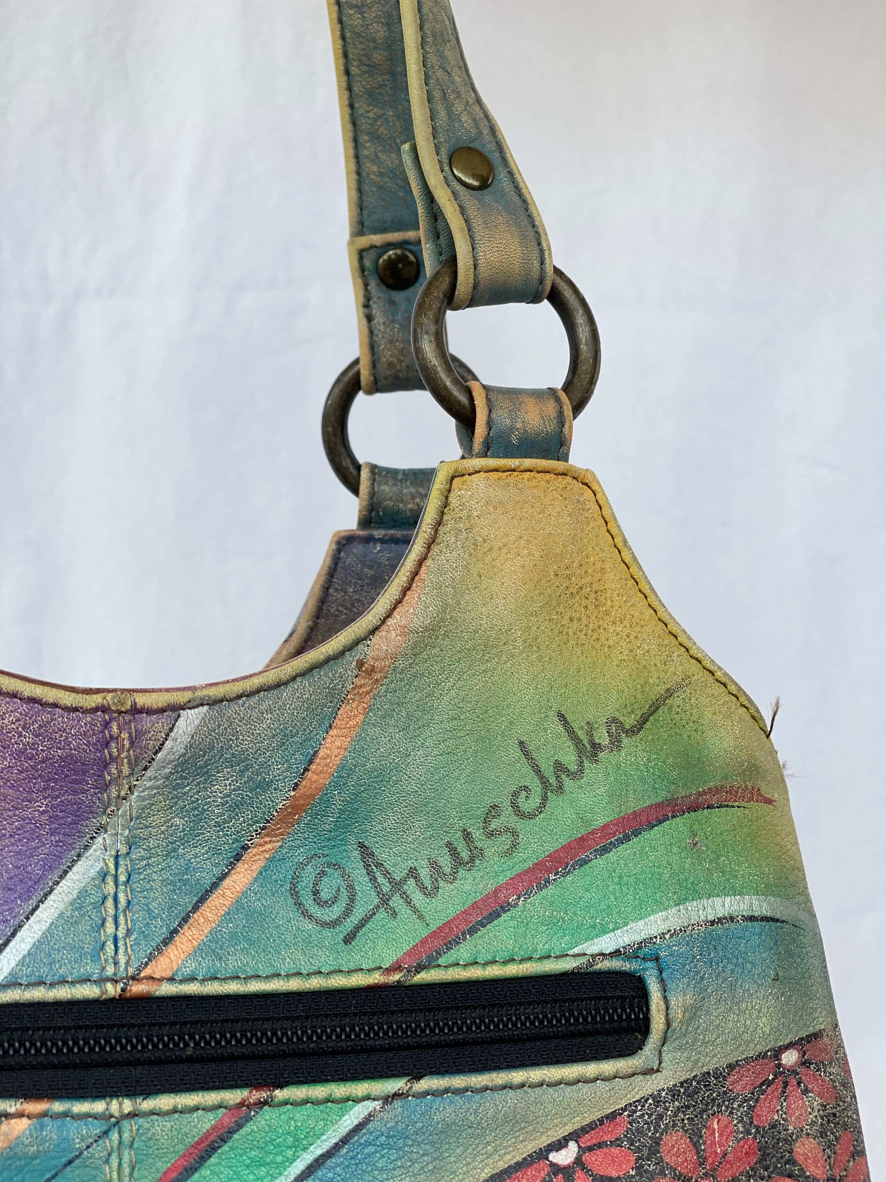 Statement Vintage Anuschka Hand Aqua Painted Genuine Leather Bag