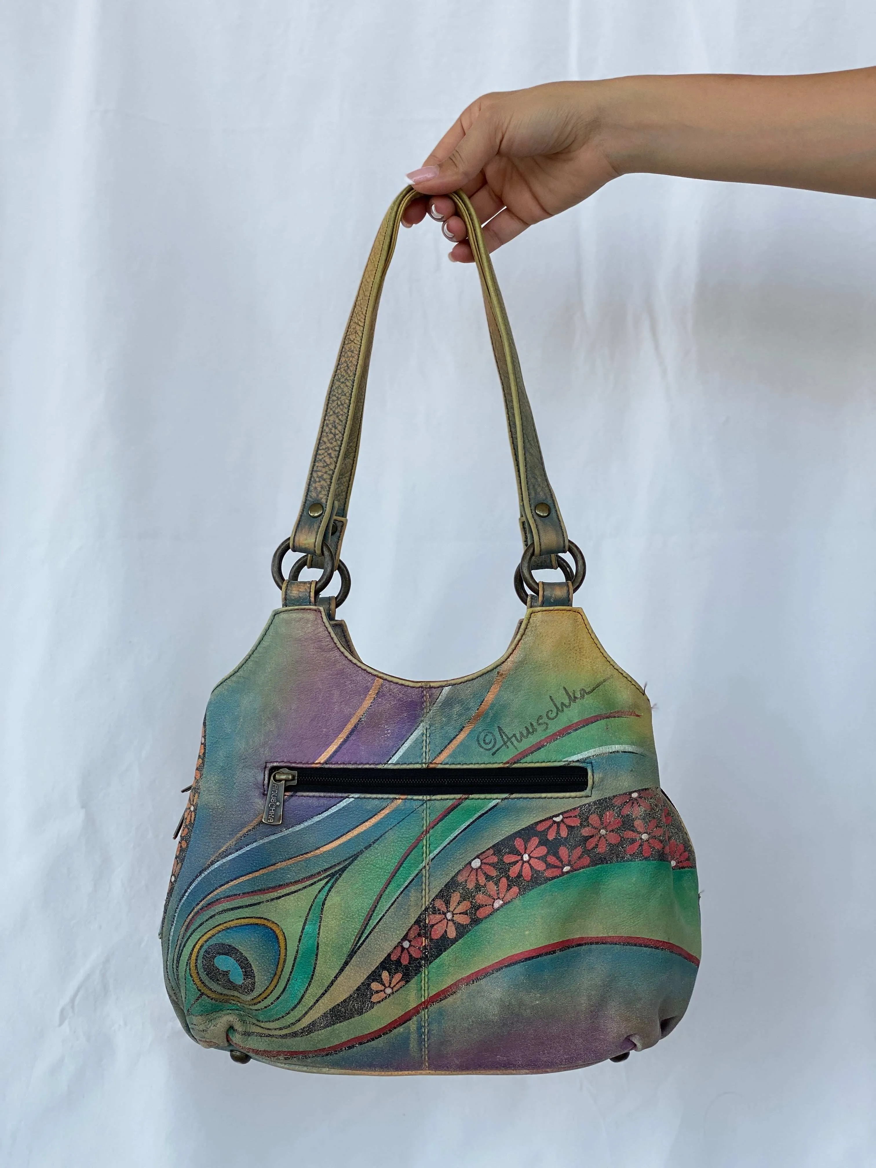 Statement Vintage Anuschka Hand Aqua Painted Genuine Leather Bag